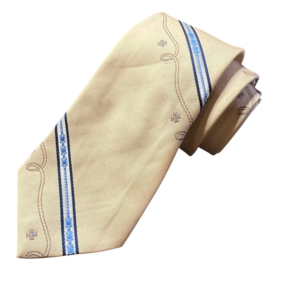 Vintage Bronzini Necktie Blue Striped Floral Accents Polyester Tie Yellowstone‎